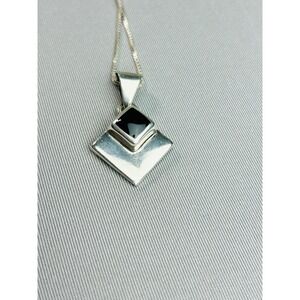 Sterling Silver And Black Geometric Pendant With Chain Necklace .925 Jewelry
